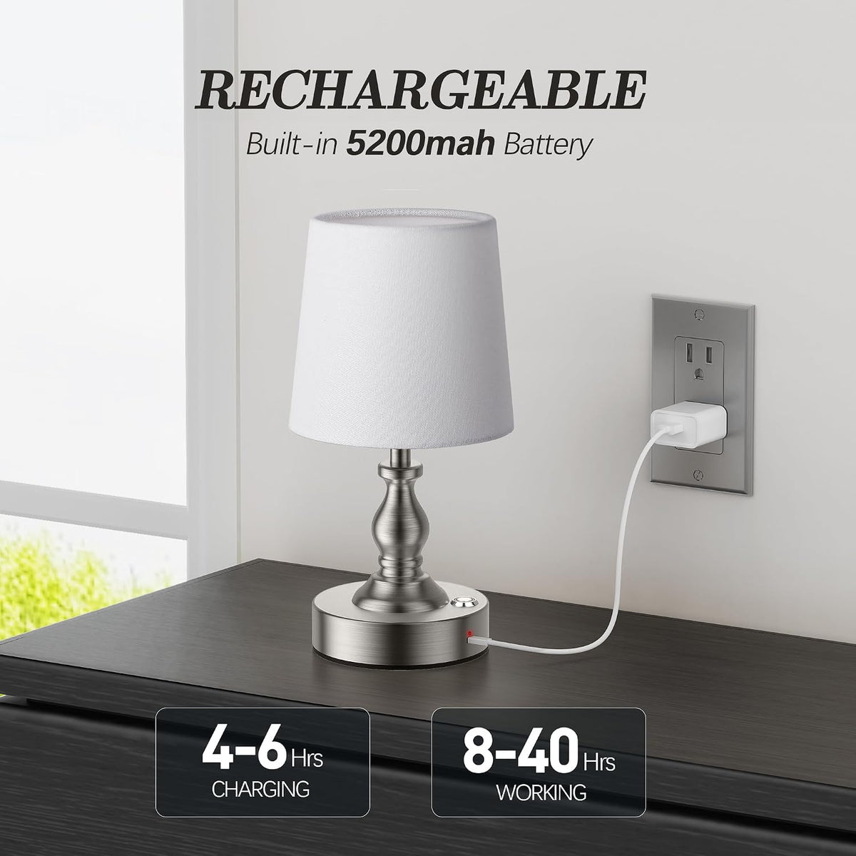 Mini Cordless LED Table Lamp, 5200mAh Rechargeable Battery Operated Lamp, 3-Level Brightness, Touch Dimmable Desk Lamp, Bedside Night Light for Patio Camping Restaurant Home, Brushed Nickel