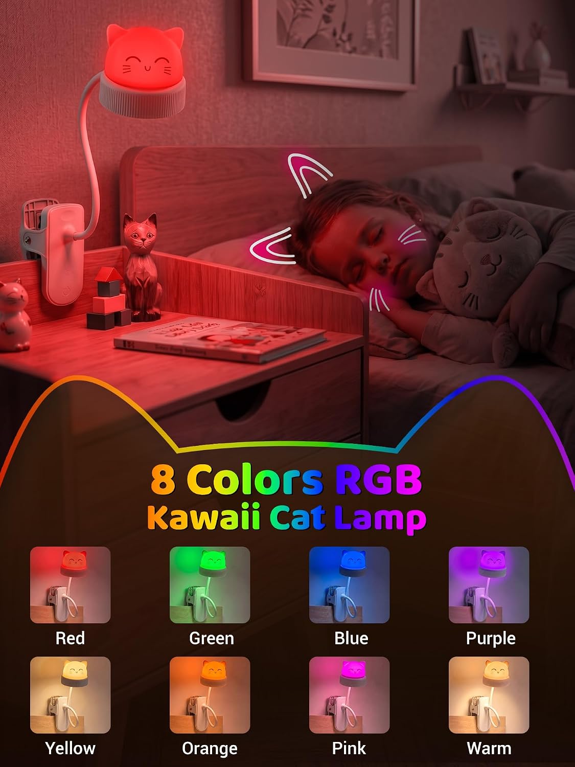 Cat Lamp,Dimmable RGB Clip on Light,Cute Desk Lamp Rechargeable Night Light | 4000mAh Battery Desk Lamp with Clamp,Cordless & Wireless Clip on Night Light for Kids/Toddle/Baby,Bed Headboard/Bedside/Table
