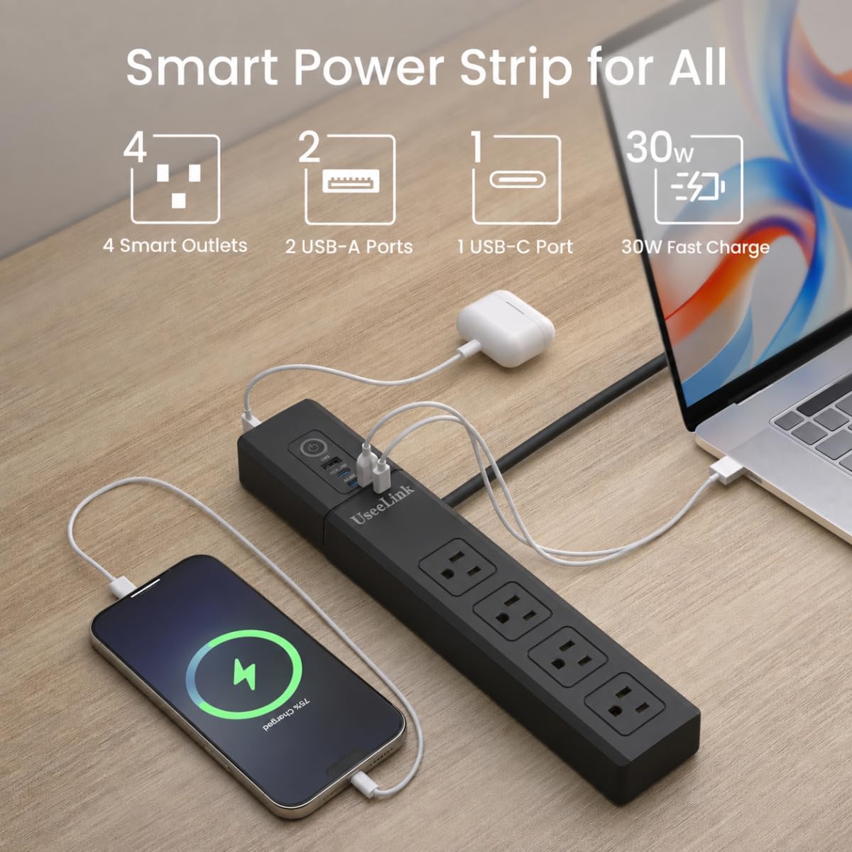 Smart Power Strip, UseeLink WiFi Surge Protector Compatible with Alexa & Google Home, Smart Plug with 4 USB Ports & 4 AC Outlets, Voice and Remote Control & Timer Schedule (Black)