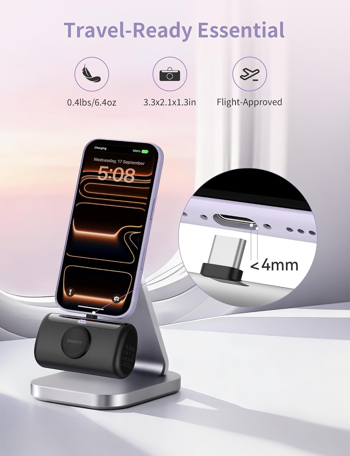 RORRY PalmGo Portable Charger Power Bank 10000mAh 3-in-1 Mini Battery Pack | Built-in USB-C Connector, 22.5W Fast Charging, for iPhone 17/16/15, Apple Watch, iPad, Travel Essential, Pocket Size