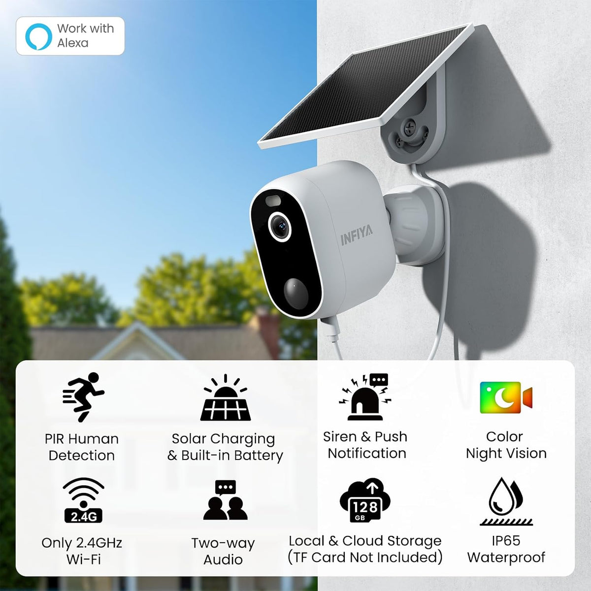 INFIYA Security Cameras Wireless Outdoor-Solar&Battery Powered 2K 2.4G Cameras for Home Security, Instant Alert, AI Human Detection, Color Night Vision, 2-Way Talk, SD Storage, Work with Alexa, Z1 4P