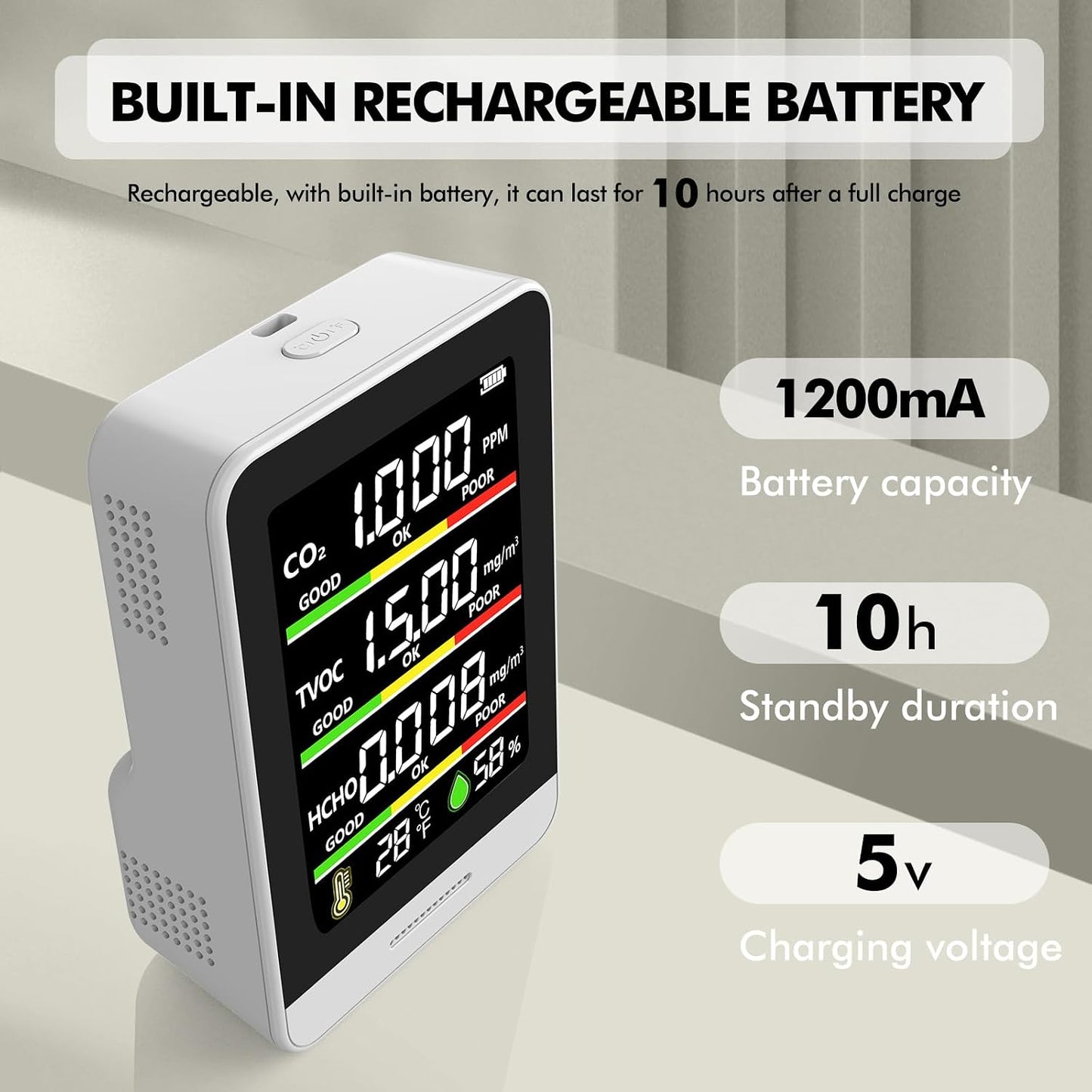 22 HOBBIES Air Quality Monitor Indoor,8-in-1 Smart Air Quality Tester with CO2, TVOC, HCHO, AQI, Temperature & Humidity, Real Time Display, Battery Powered, for Home & Office(White)