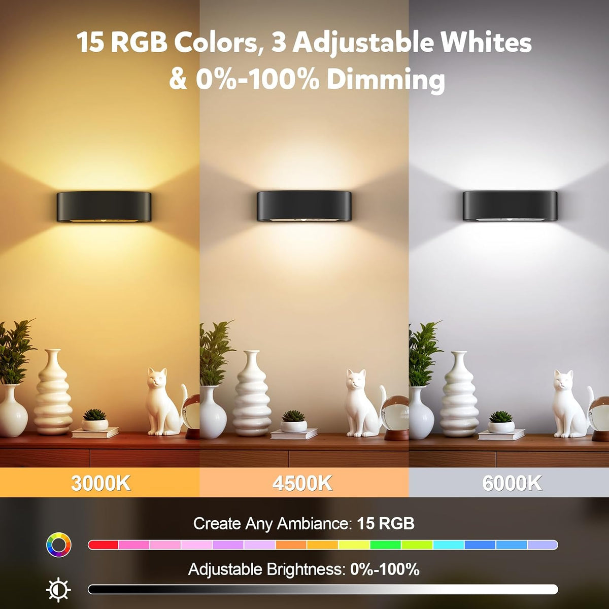 Motion Sensor Wall Sconces Set of 2, Rechargeable 5000mAh Battery Operated Wall Light with Remote Control, 15 RGB and 3 Colors Dimmable, Up and Down Wireless Wall Mount Light for Hallway Stair