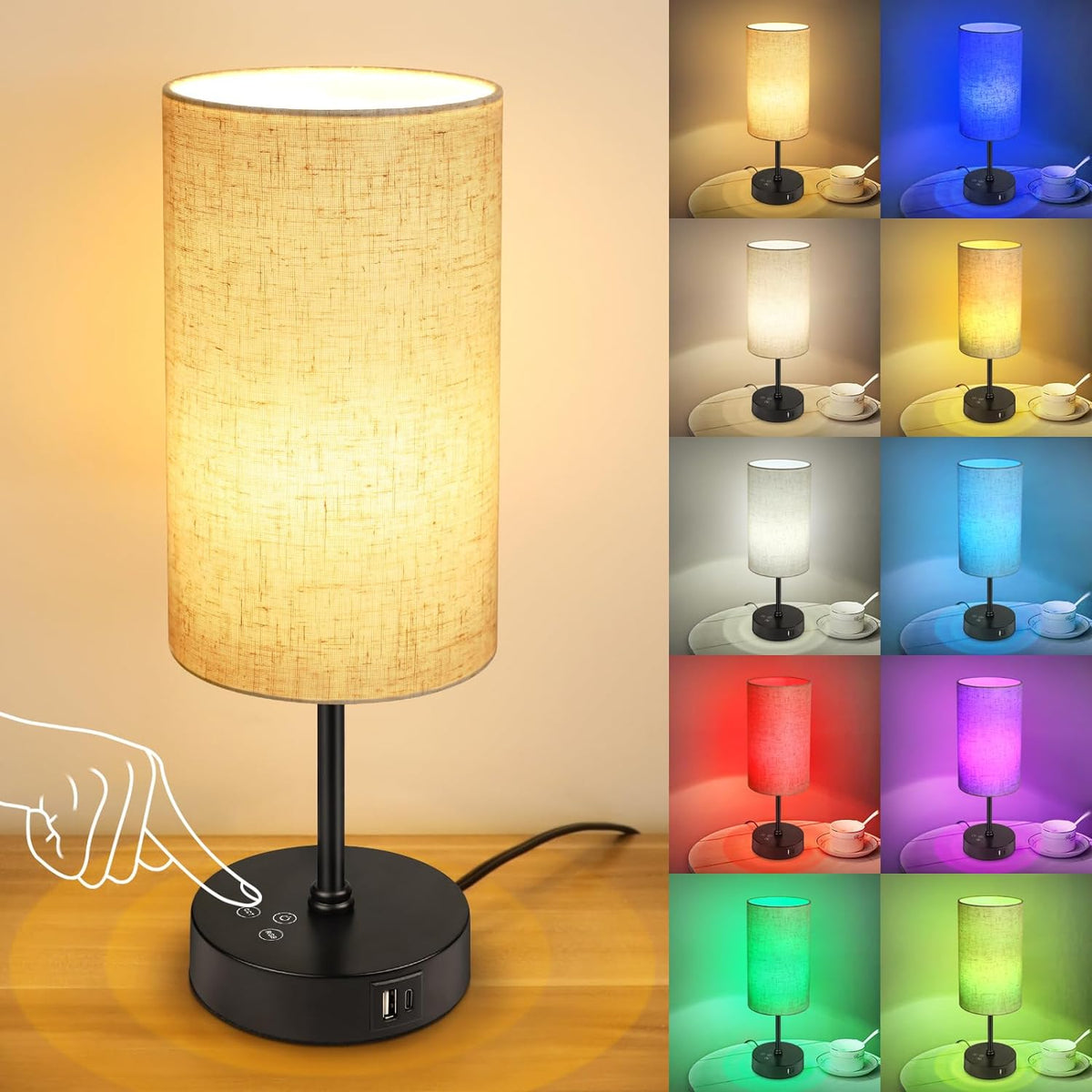 Table Lamp, 3 CCT 3000K/4500K/6500K & RGB Color Changing, Stepless Dimmable Small Bedside Lamp for Reading, Ambience Nightstand Light for Home Decor Party, Beige Shade