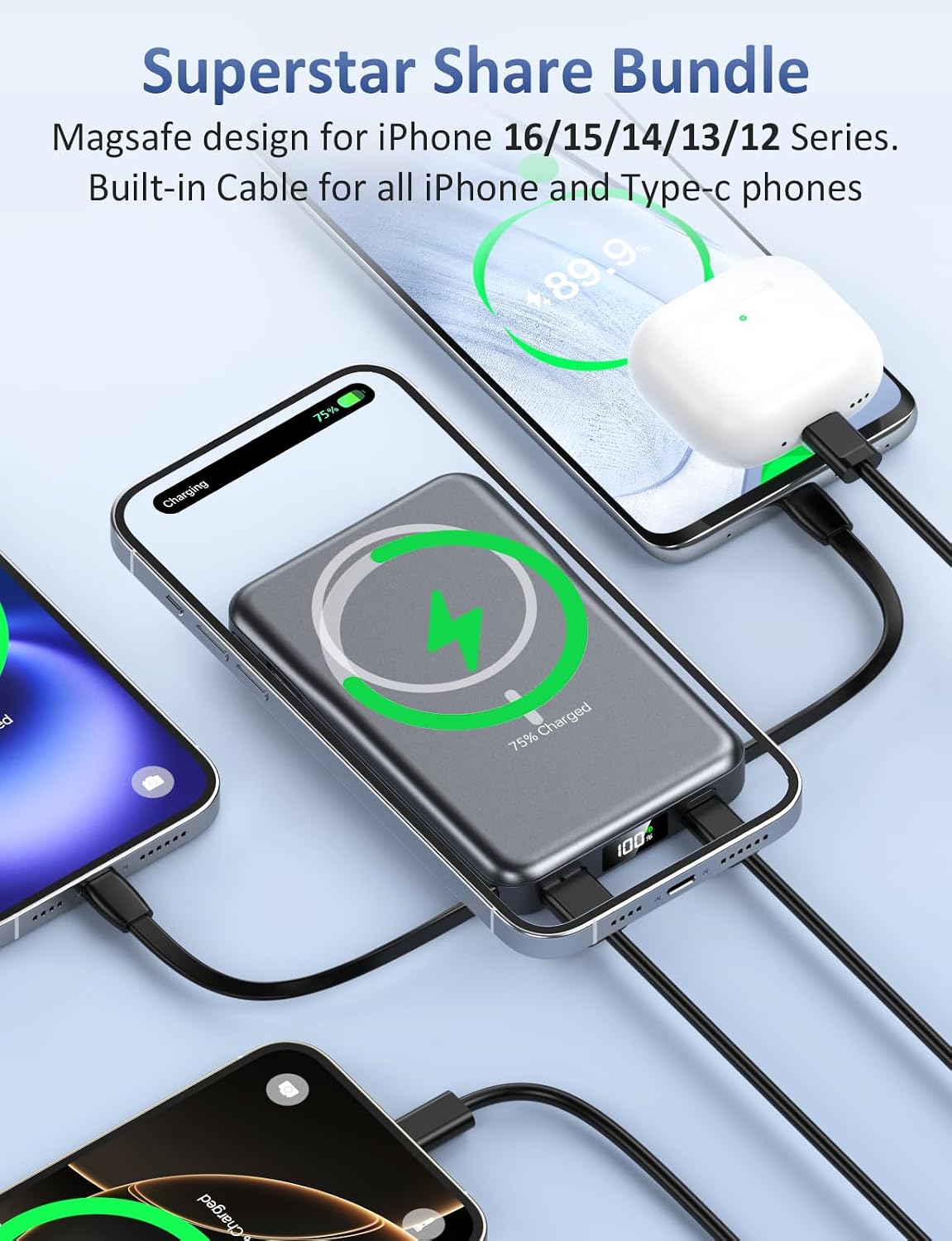 Magnetic Portable Charger 10000mAh, 20W Power Bank with Built in Cable | 20W Fast Charging for Magsafe Battery Pack with LED Display, Travel Essential for iPhone 17/16/15/14/13/12 Pro/Pro Max-Black