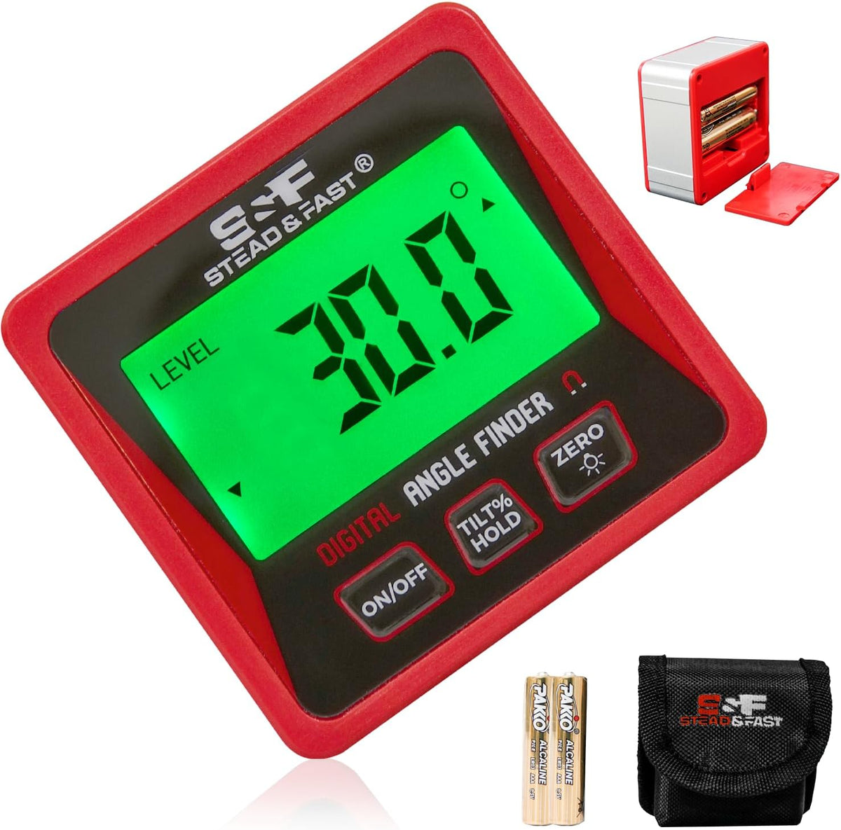 S&F STEAD & FAST Digital Angle Finder Magnetic with Case & Backlit LCD | Self-inverting display, ±0.2° accuracy, Absolute & Relative, Hold & Zero, Auto-off, for Woodworking, Plumbing & Construction