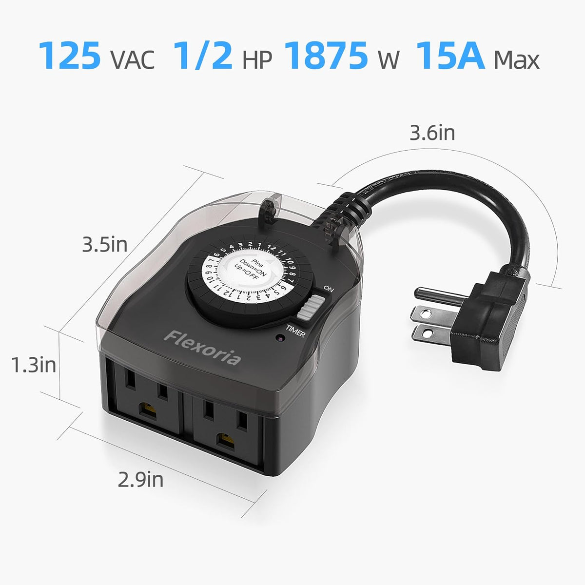 Outdoor Timer Outlet Waterproof, 24 Hour Mechanical Plug in Light Timer, 2 Grounded Outlets for Outdoor Lights, 15A 1/2 HP, ETL Listed (1 Pack)