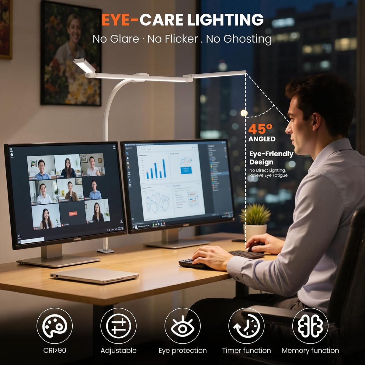 LED Desk Lamp for Office Home, Adjustable 3 Head Desk Light with Adapter