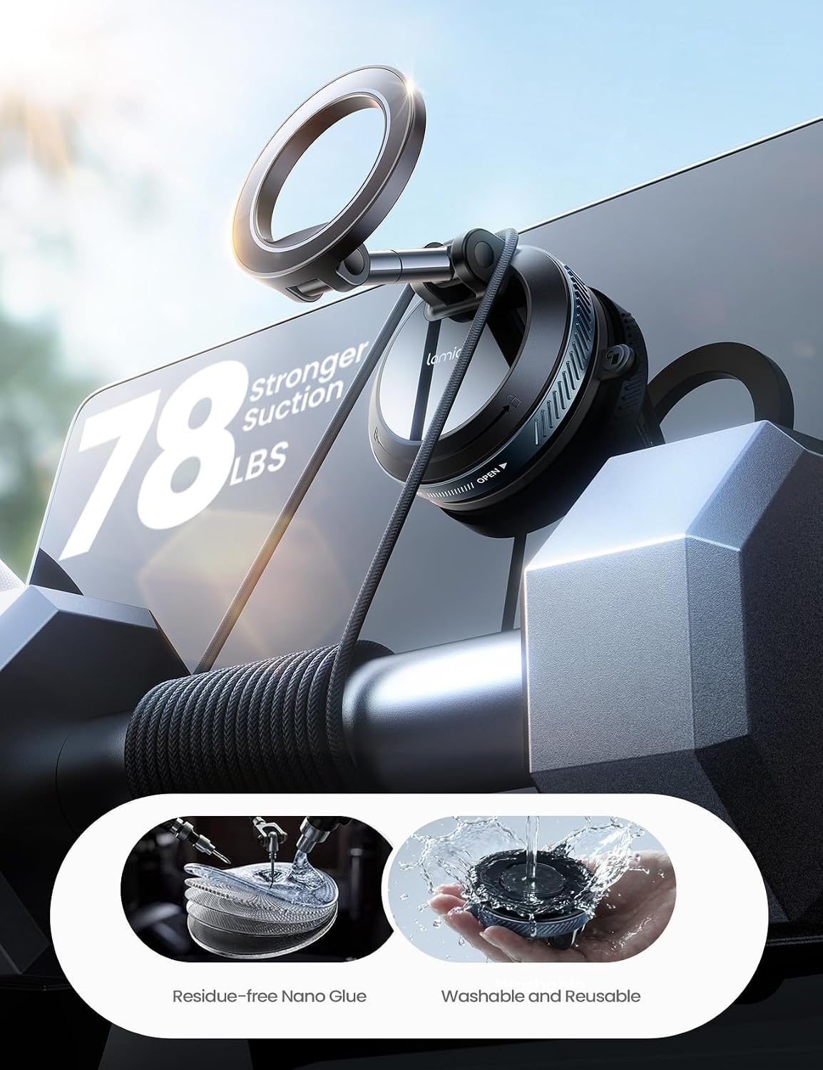 Lamicall Car Phone Holder for Magsafe Dashboard Windshield Nano Gel Vacuum | 20X Magnetic Phone Holders for Your Car 360° Suction Cup Phone Mount for iPhone 17 16 15 14 13 12 Pro Max Gift Truck Black