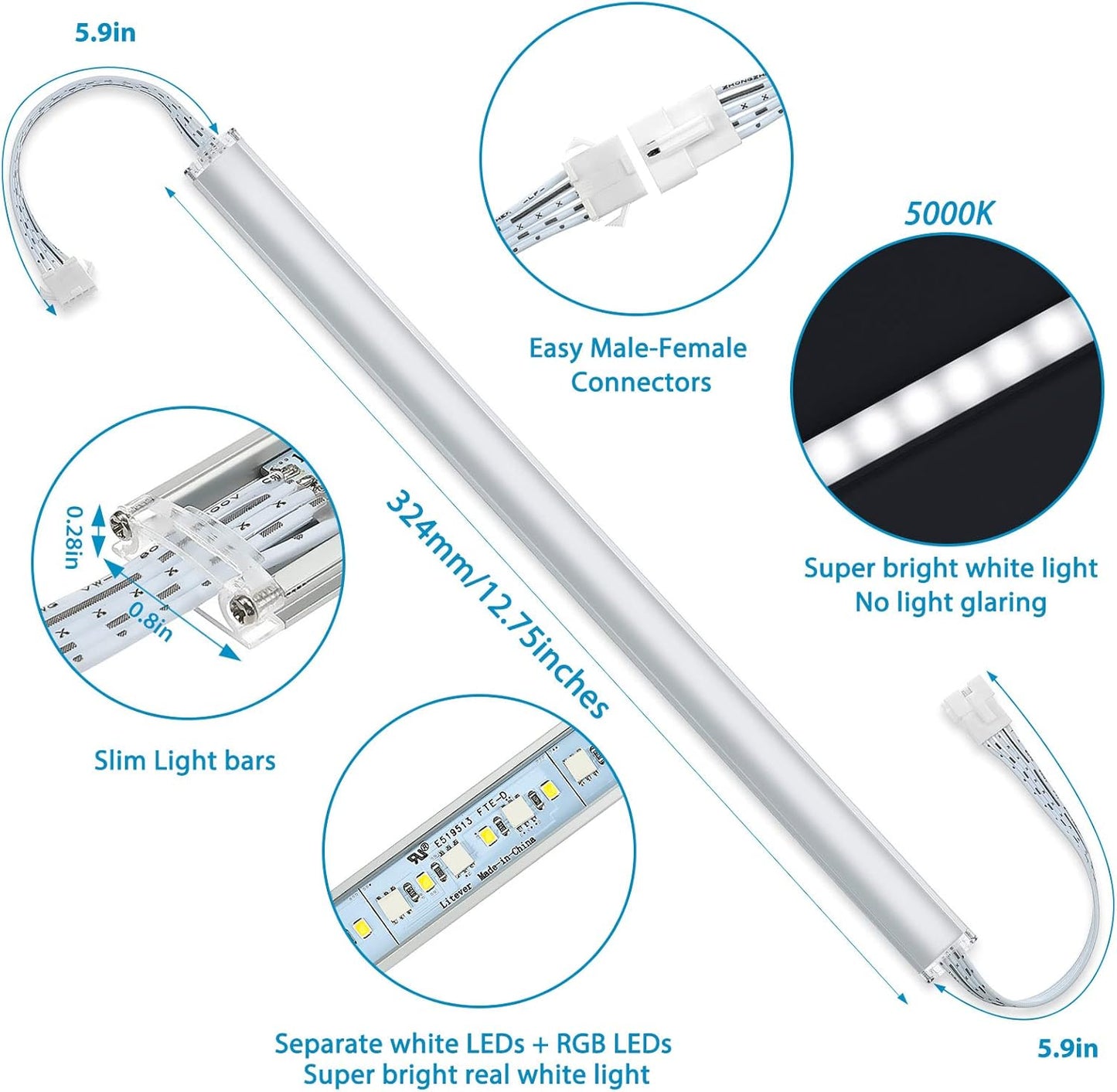 Under Cabinet LED Lighting RGB Color Changing &amp; Super Bright White Light | Dimmable with Remote. 6 pcs Linkable LED Light Strips with Power Supply, Extension Cords. Plug in. Max 24W. RGB + 5000K