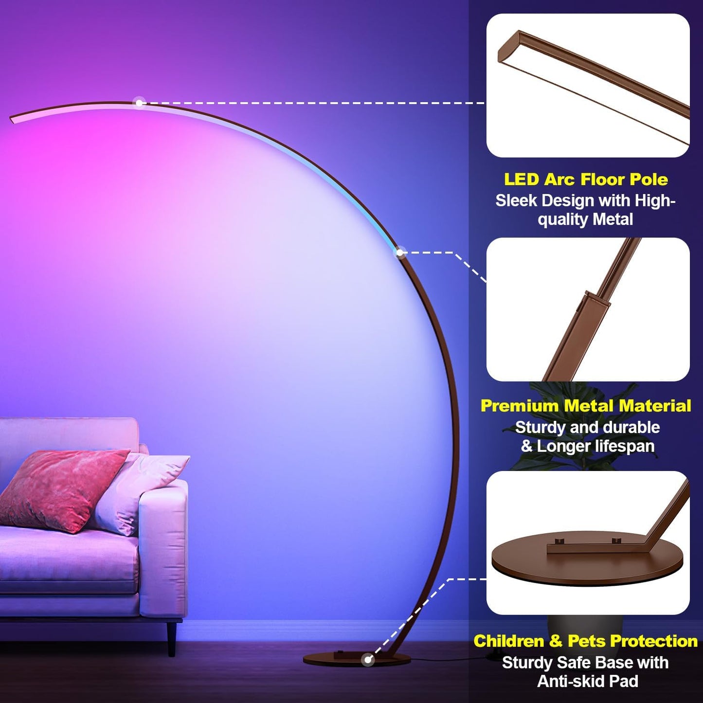 RGB Floor Lamp with 3 Color Temperatures, Ultra Bright 1800LM Smart Arc LED Floor Lamp with Remote Control, Music Sync, Scene Modes, Modern Standing Tall Lamp for Bedroom Living Room Gaming Room-Brown