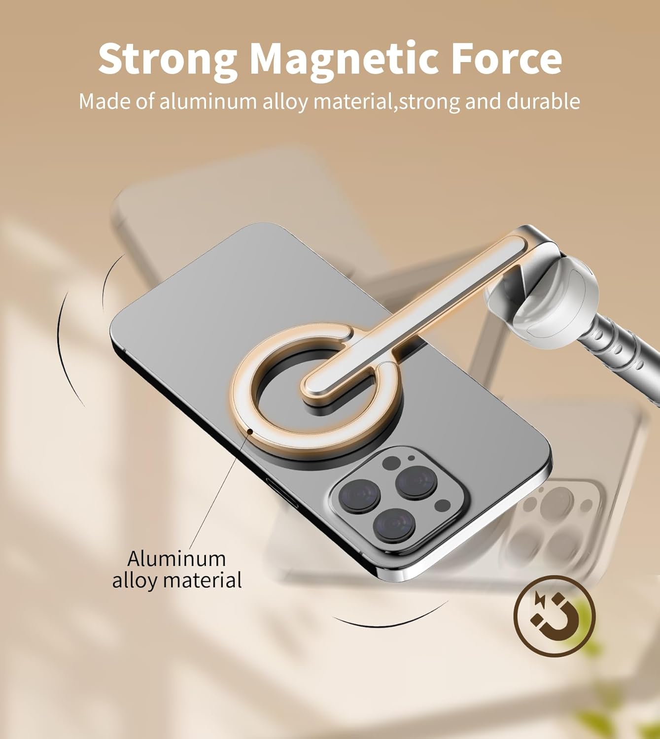 TONEOF 68" Magnetic Aluminum Phone Tripod Selfie Stick for iPhone & Android | Rechargeable Remote,360° Rotatable Foldable Cell Phone Stand Holder with Metal Ring,Travel Tripod for Magsafe (Beige Gray)
