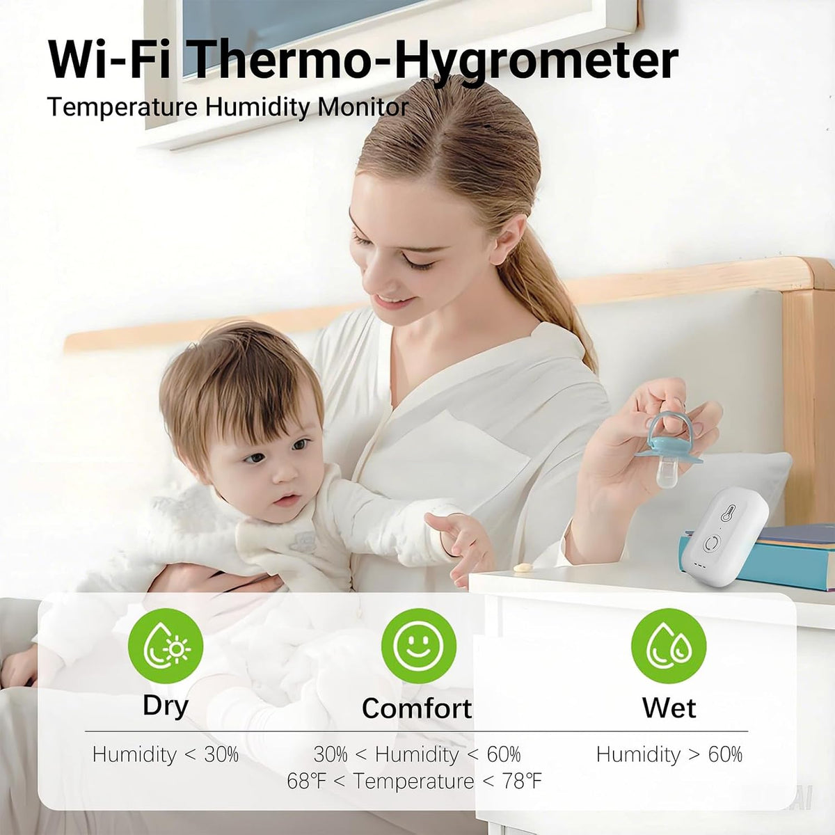 Remote WiFi Thermometer Hygrometer Sensor, App Alert, Data Log for Home | No display; app only.Smart Humidity Temperature Sensor with Data Storage. For nursery, greenhouse, humidor & wine cellar.