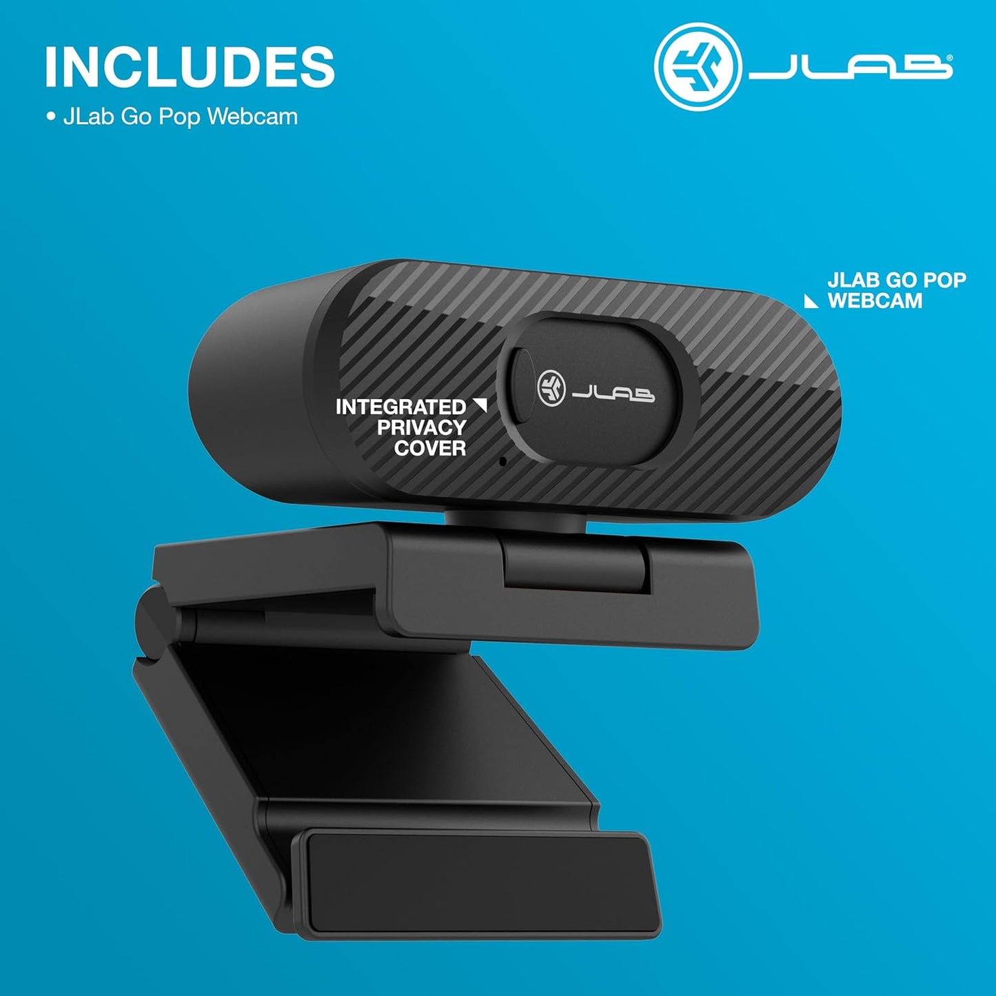 JLab Go Pop Cam, USB Webcam, 1080p, Built-in Privacy Shutter, Plug and Play, Black
