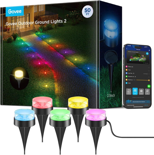 Govee Outdoor Ground Lights 2, 50ft Patio Decorations, 15 Pack | RGBIC Pathway Lights With 100LM Warm White, IP67 Waterproof, 63 Scene Modes, Works With Alexa, Google Assistant