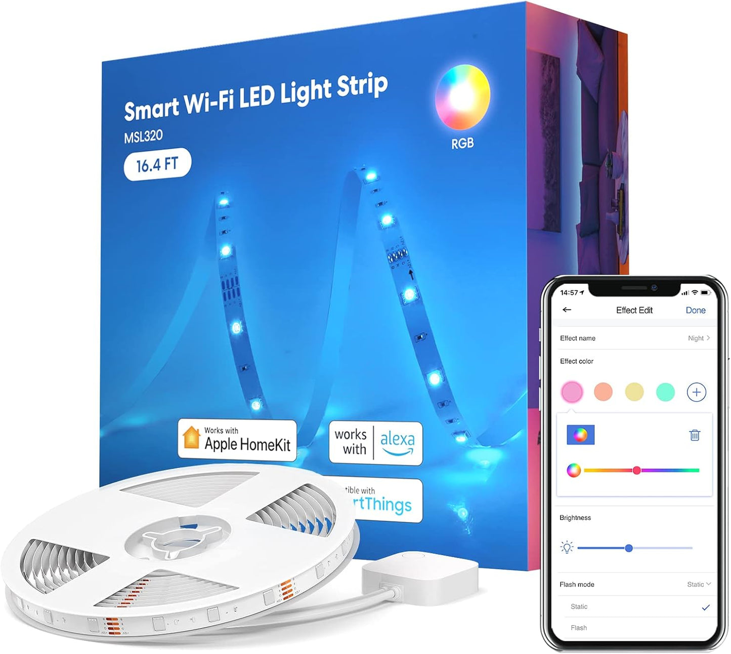 Meross Smart LED Strip Lights, 16.4ft WiFi Strip Work with Apple HomeKit, Alexa, Google Home, and SmartThings, 16 Million Colors with App Control and RGB LED Lights for Bedroom, Living Room, Kitchen