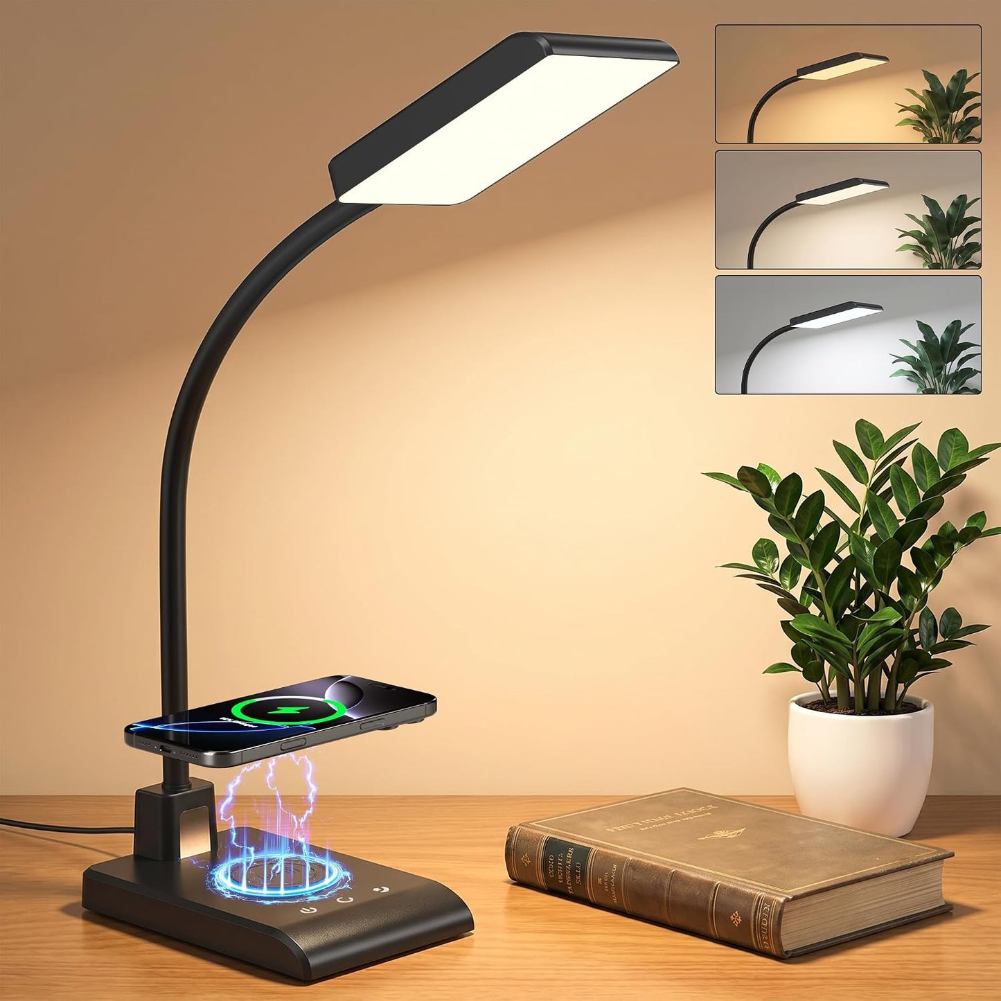 Desk Lamp with Wireless Charger, Desk Lamps for Home Office Night Light | 3 Color Modes with Stepless Dimming, CRI 90+, 1000lm, 360° Flexible Arm, Eye-Caring Study Lamp for College Dorm Room