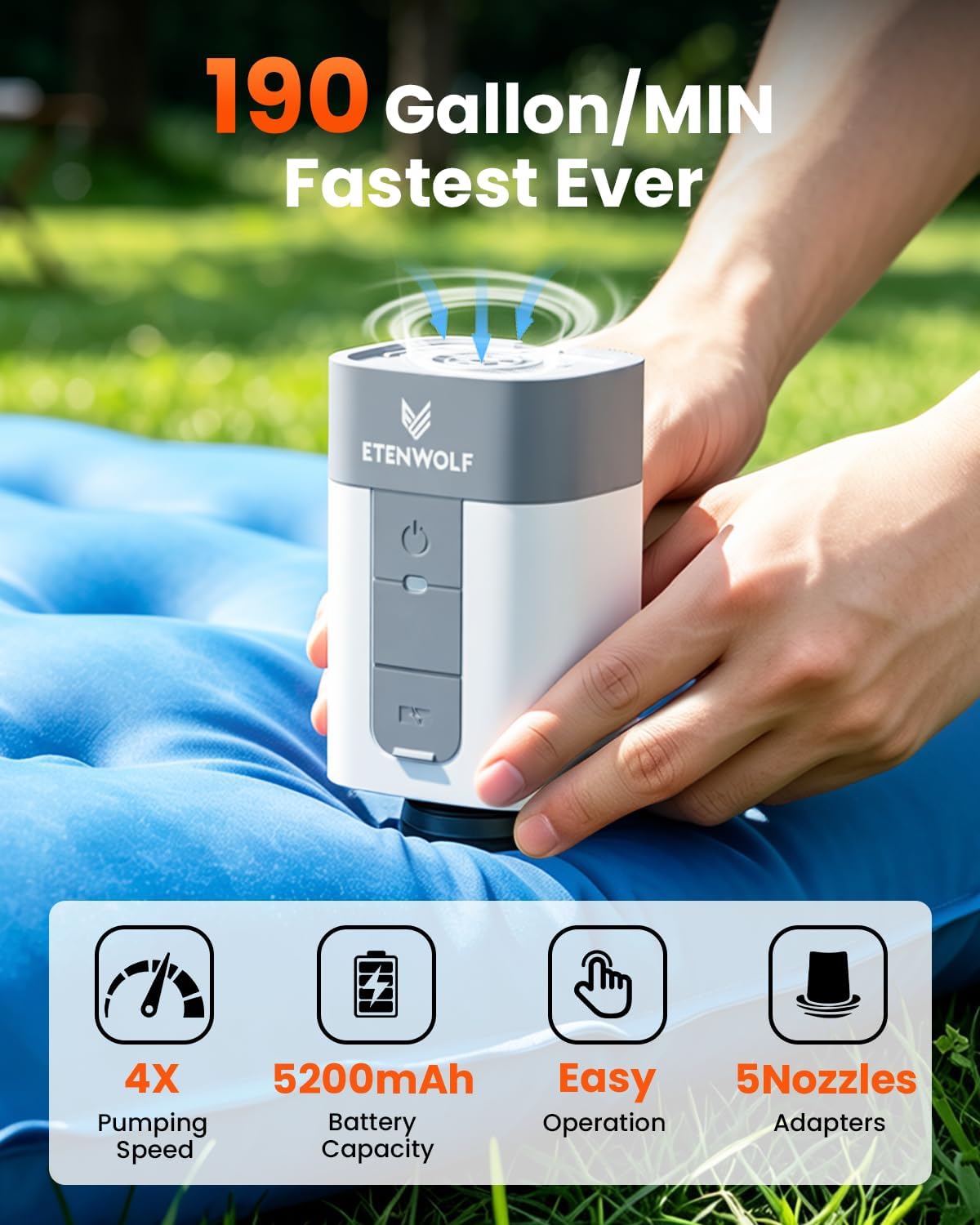 ETENWOLF AIR 5 Air Pump for Inflatables, 5200mAh Portable Electric Air Pump | 4X Quick Inflator Deflator, 4.5 kPa & 720 L/min Pump for Pool Floats, Air Mattress, Vacuum Storage Bags, Camping