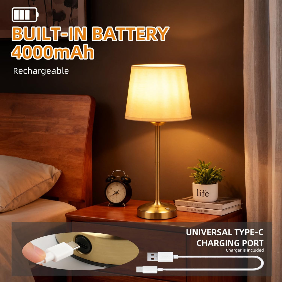 Deogos Cordless Table Lamp Gold with Dimmer, 4000mAH Battery Operated Lamp Rechargeable, 3 Color Temperature Touch Control Fabric Desk Light for Dining Room, Bedroom, Bar, Patio, Counter, Restaurant