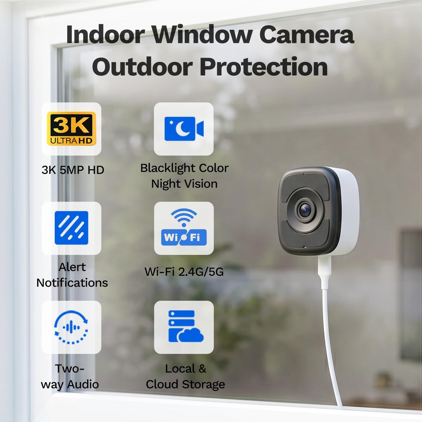 LongPlus 3K 5MP Magnetic Window Camera with Night Vision, 2.4&5GHz WiFi Safeview Window Security Camera, Indoor Window Camera for Home Security, 24/7 Recording, Human/Car Detection,Two-Way Audio