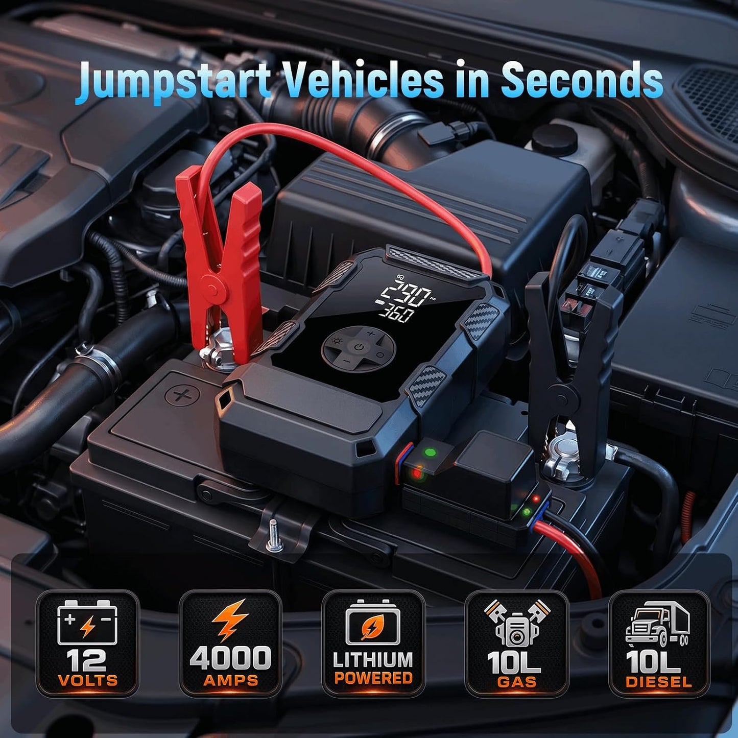 4000A Car Jumper Starter Portable with Air Compressor, 12V Battery Jump Starter with Tire Pump 150PSI for 10L Gas Diesel Engines, Battery Jumper Box Pack Combo with LED Light, Car Accessories Gift
