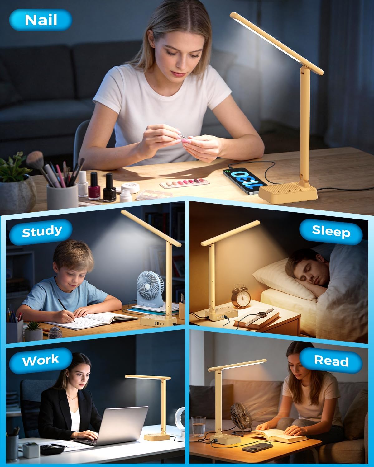 LED Desk Lamp with Power Strip, 3 AC Outlets, 4 USB Ports, Stepless Dimming