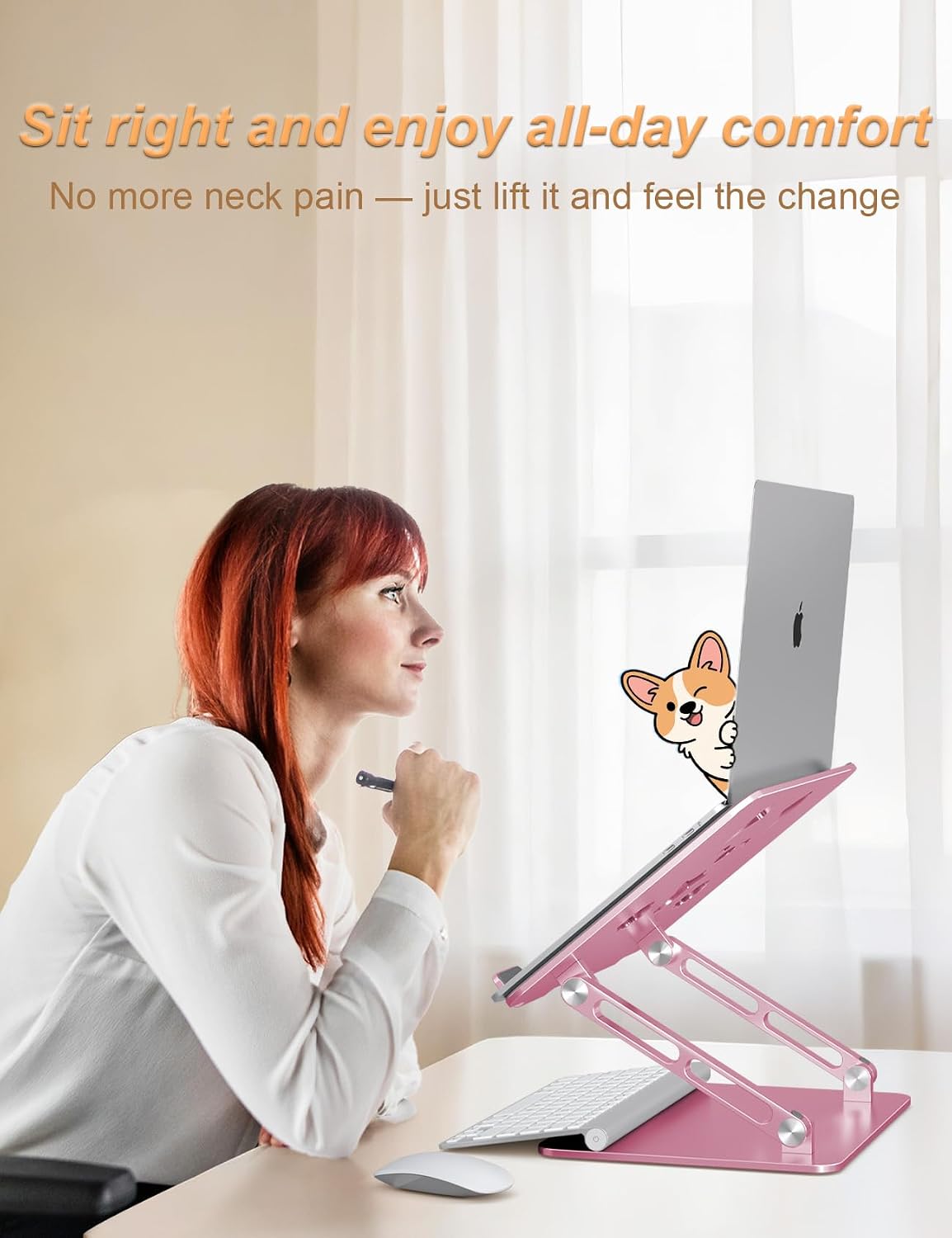 Aoviho Aluminum Laptop Stand for Desk Fit for All 10"-17.3" Laptops, Pink | Height-adjustable Notebook Holder, Ergonomic Computer Riser with Unique Puppy Cooling Vent, for Mac, Dell, Lenovo, HP