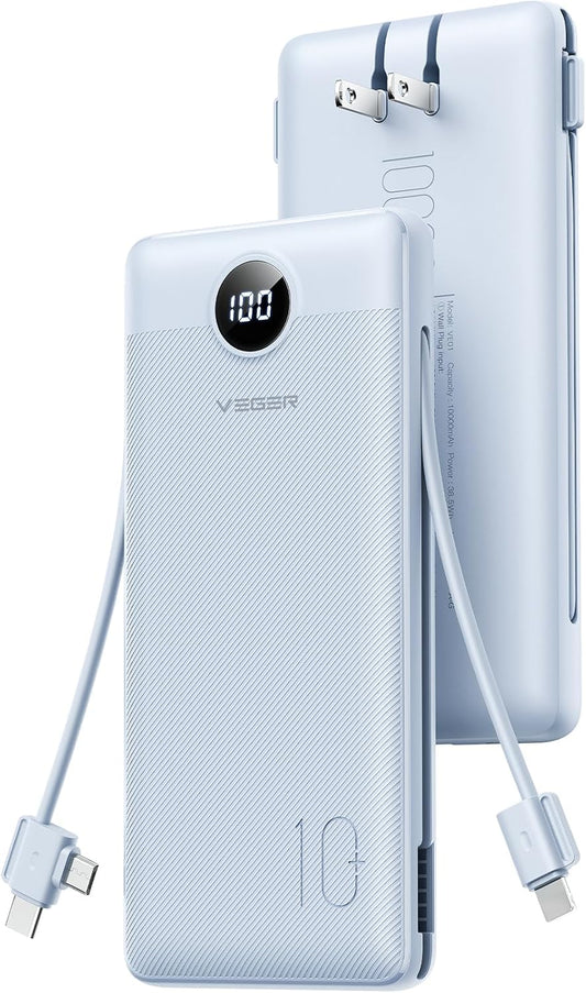 VEGER Portable Charger, 10000mAh Power Bank Built in Wall Plug and Cables | Ultra Slim, Charging 4 Devices Once, Travel Essentials, USB C Battery Pack for iPhone, iPad, Samsung, Android, Tablets, Blue