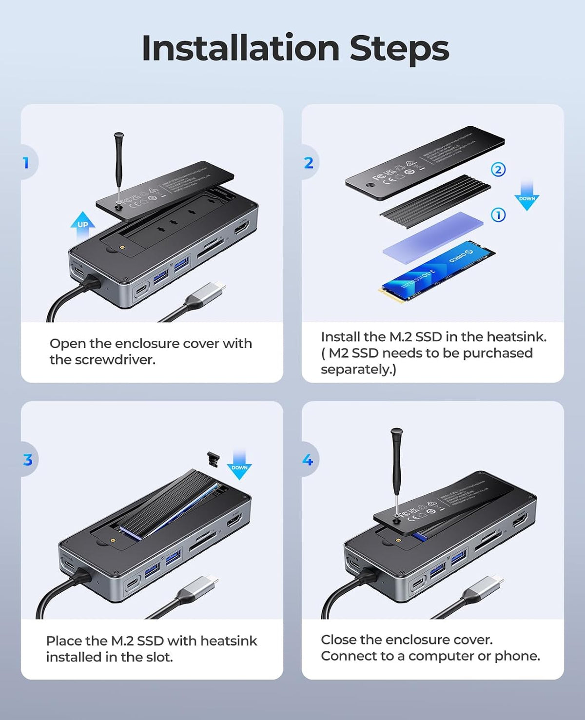 ORICO USB-C Hub with M.2 SSD Enclosure, 8-in-1 USB C Docking Station Fits M.2 NVMe/SATA SSD, 10Gbps, 4K@60Hz HDMI, 100W PD, SD/TF Card Reader