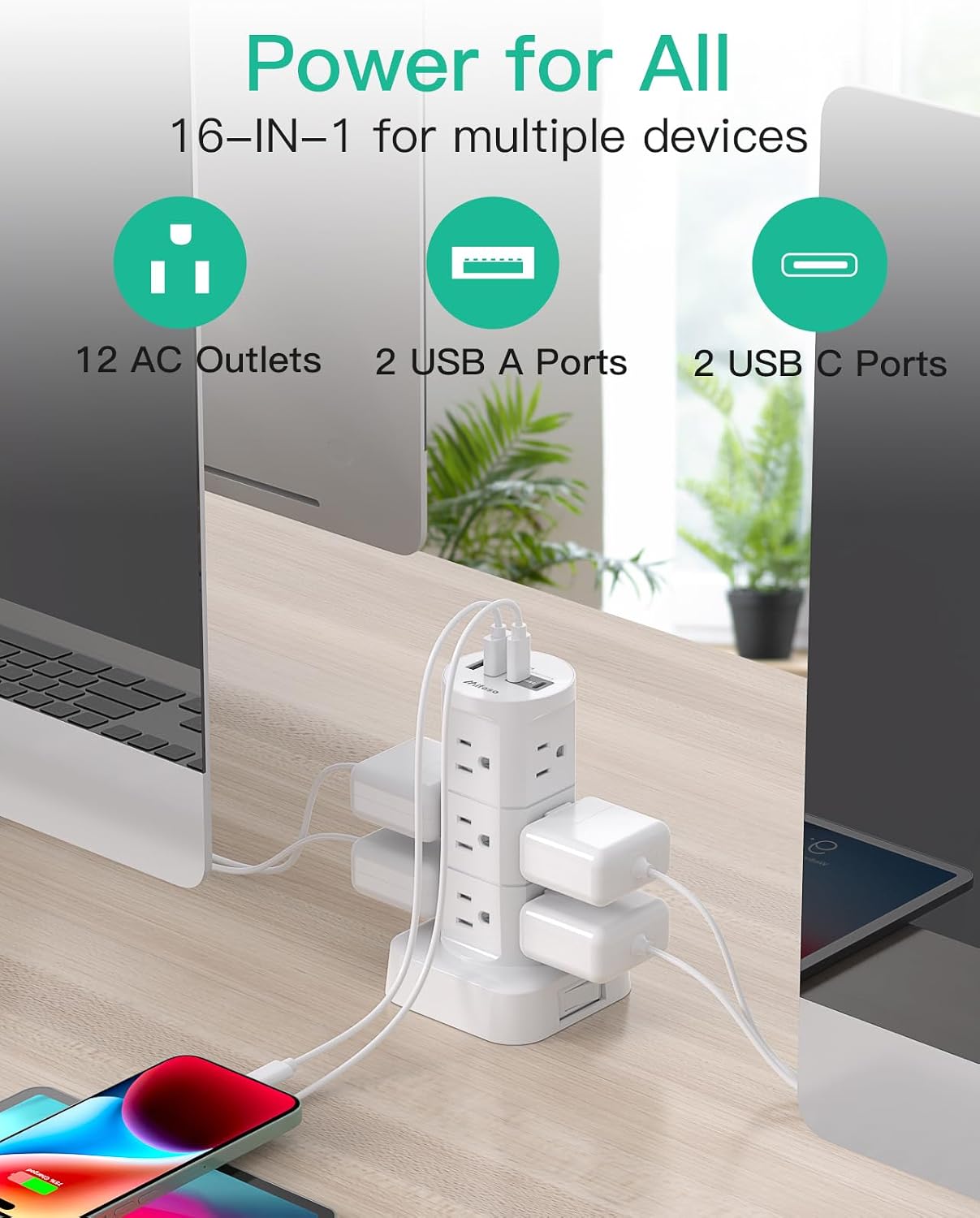 Power Strips with Surge Protection, Flat Plug Power Strip Tower | Charging Station 12 Outlets 4 USB Ports, 1080J 6Ft Extension Cord with Multiple Outlets, Office Supplies, Dorm Essentials