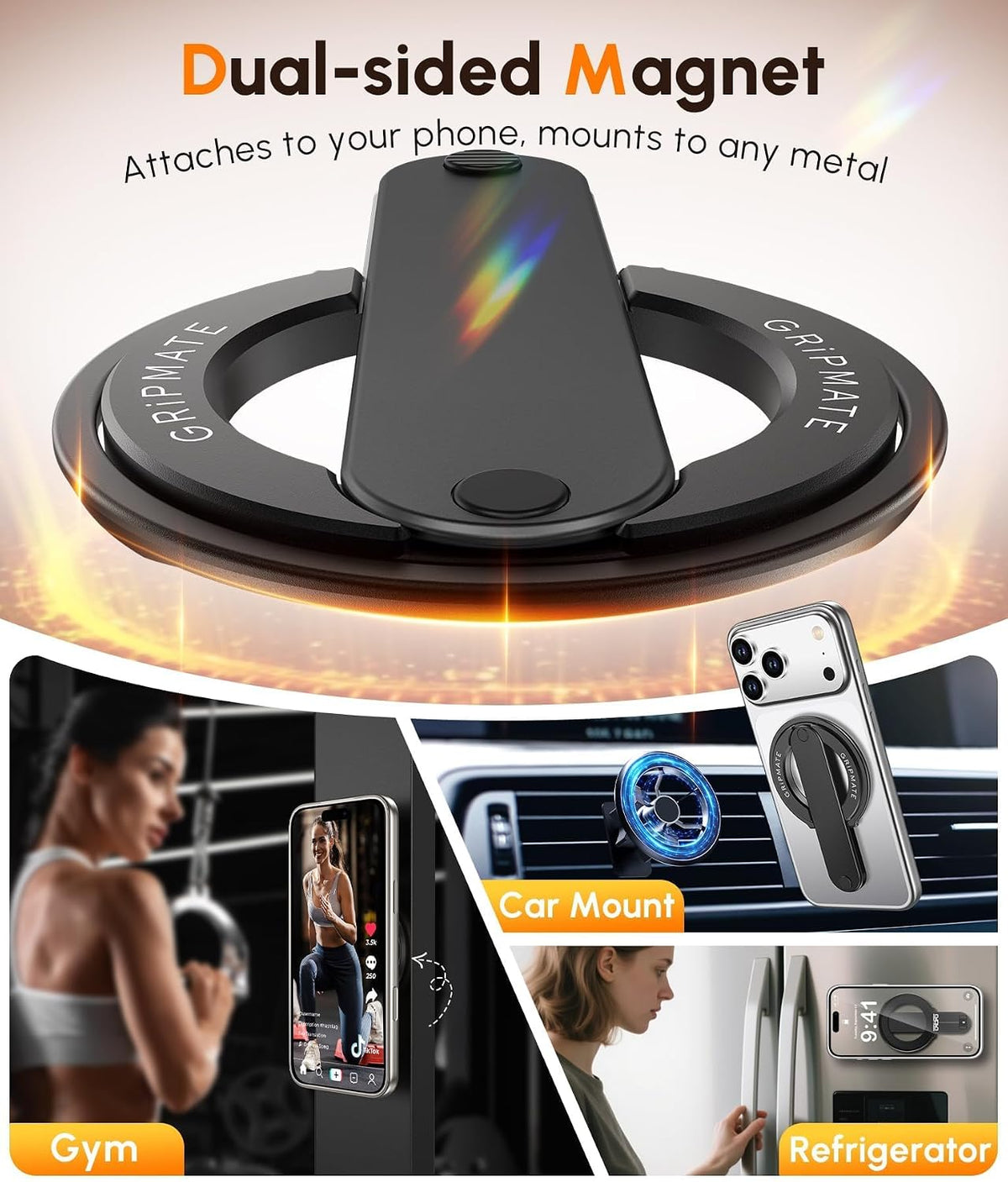 GripMate 2nd Magnetic Phone Ring Holder for MagSafe, Removable Finger Loop Phone Ring Grip, Two-Sided Magnet, Vertical & Horizontal Kickstand, Compatible with iPhone 17 Pro Max 16 15 14 13 12