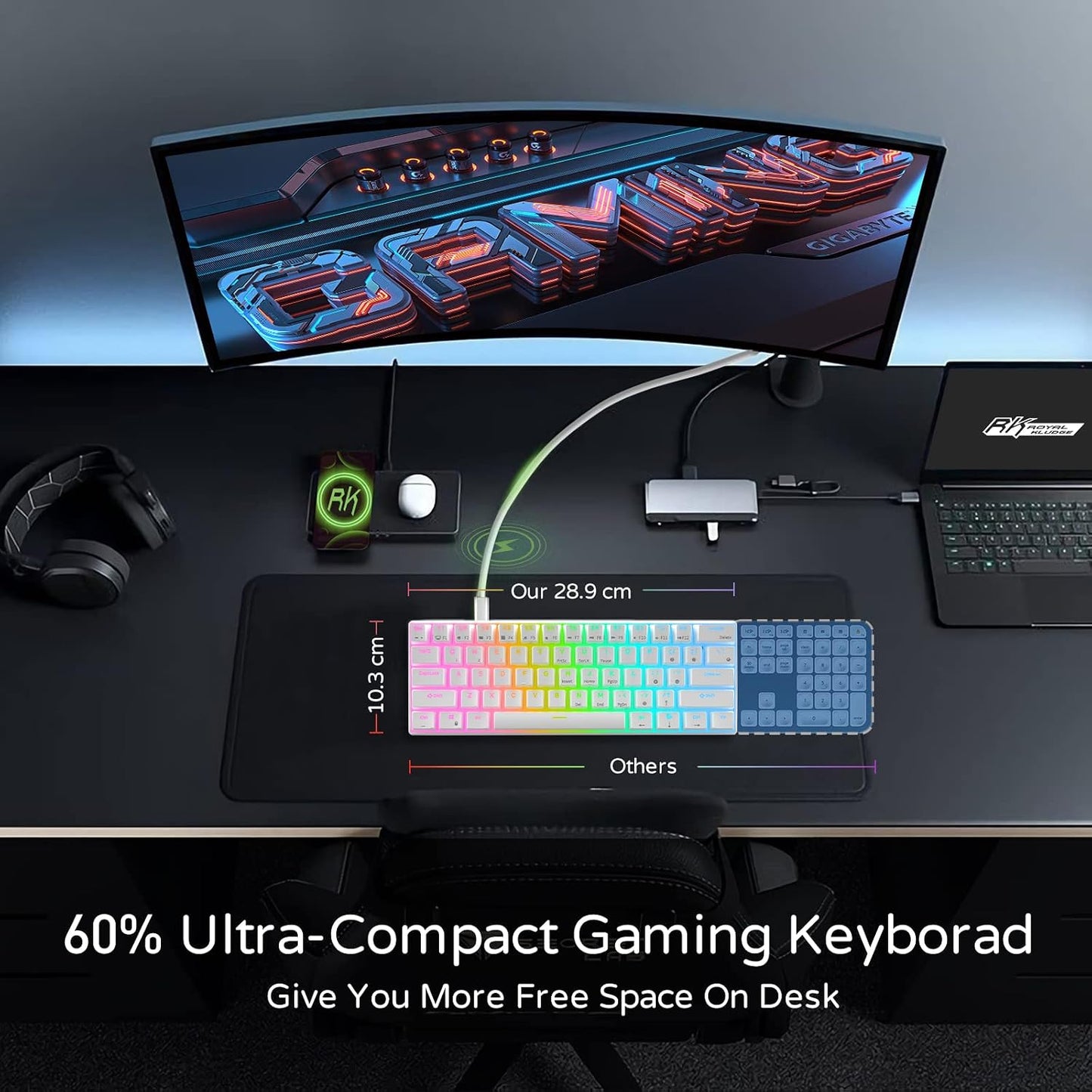 RK ROYAL KLUDGE RK61 Wired 60% Mechanical Gaming Keyboard, Compact PC Game Keyboards with QMK/VIA Programmable RGB Backlit, Hot Swappable Custom Keyboard for Win/Mac, Pre-lubed Red Switch, White