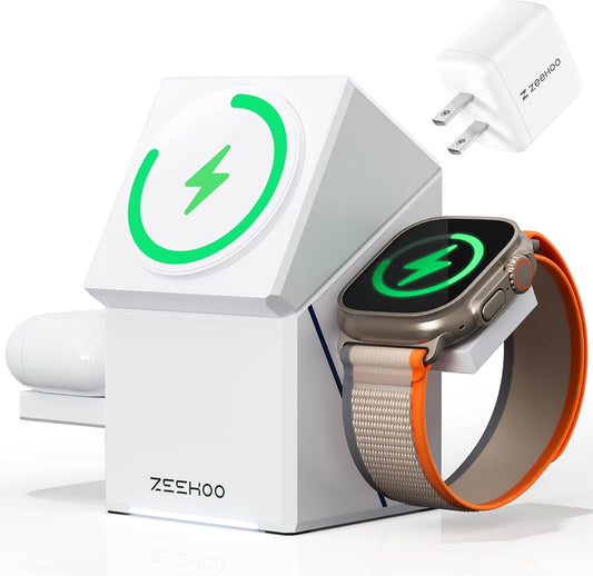 ZEEHOO 3 in 1 Charging Station, for iPhone Charging Station, for Apple MagSafe Charger, 15W Fast Wireless Charger, for Apple Watch, for iPhone 17,16,15,14,13,12 Series, AirPods (White)