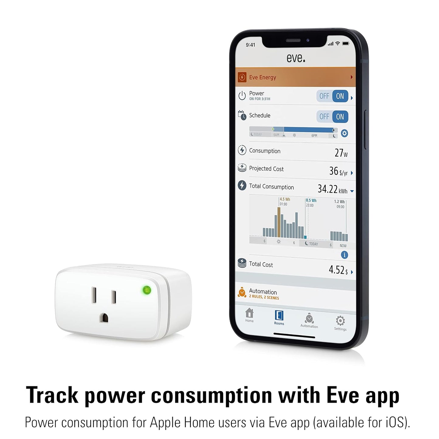 Eve Energy (Matter) 2-Pack - Smart Plug & Power Meter | app/voice control, automate lights/appliances, for Alexa/Apple/Google/SmartThings/Home Assistant, Thread Border Router requ.