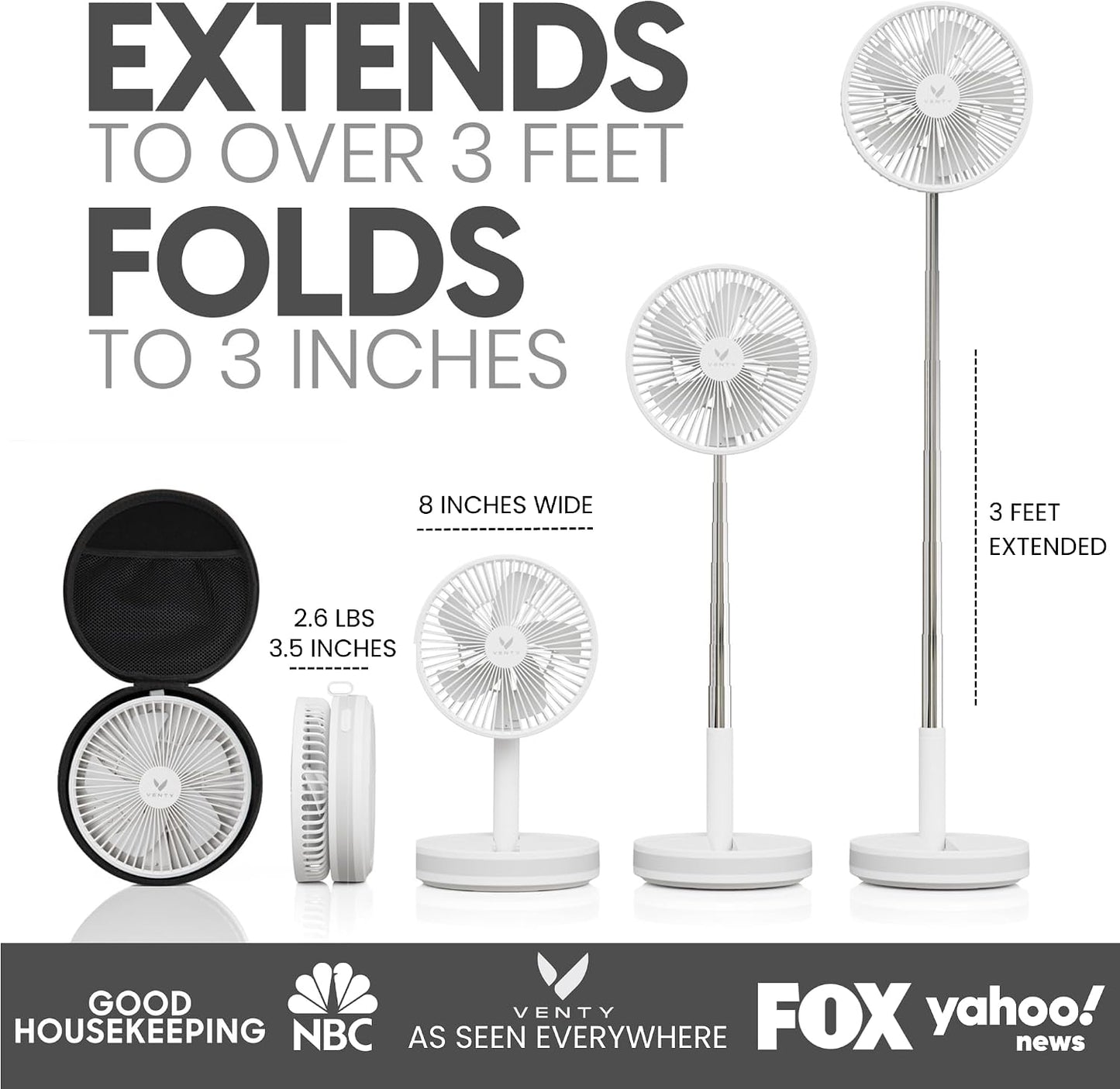 VENTY Portable Fan - Wireless Battery Operated Fan - 4 Speeds - LED Lighting - Carry Case & Remote Control - Cruise Travel - Outdoor Travel RV Power Bank With USB-C Port (White with Case)