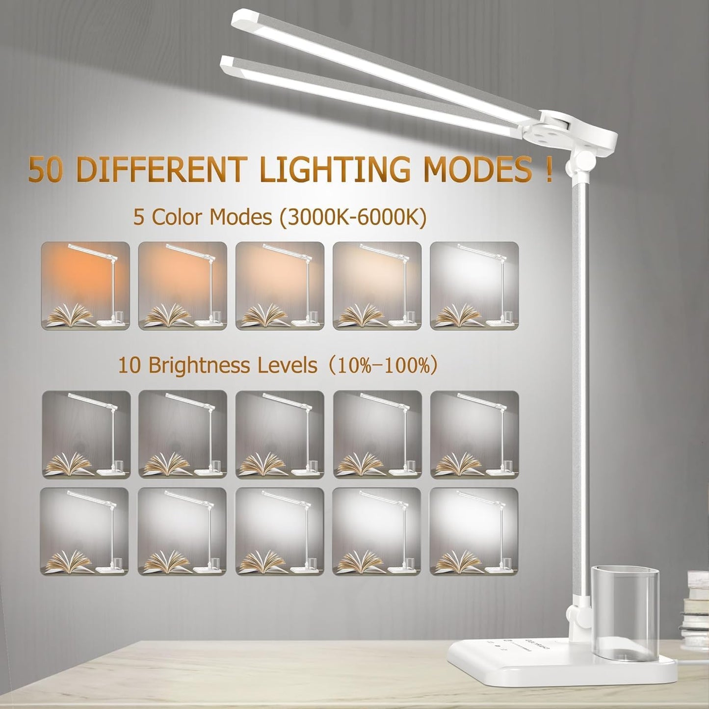 LED Desk Lamp for Home Office Desk Light Table Lamp 50 Lighting Modes Timer | Eye-Caring Desk Lamp with USB Adapter, Foldable Dual Swing Arm Architect for Reading, Study, Workbench