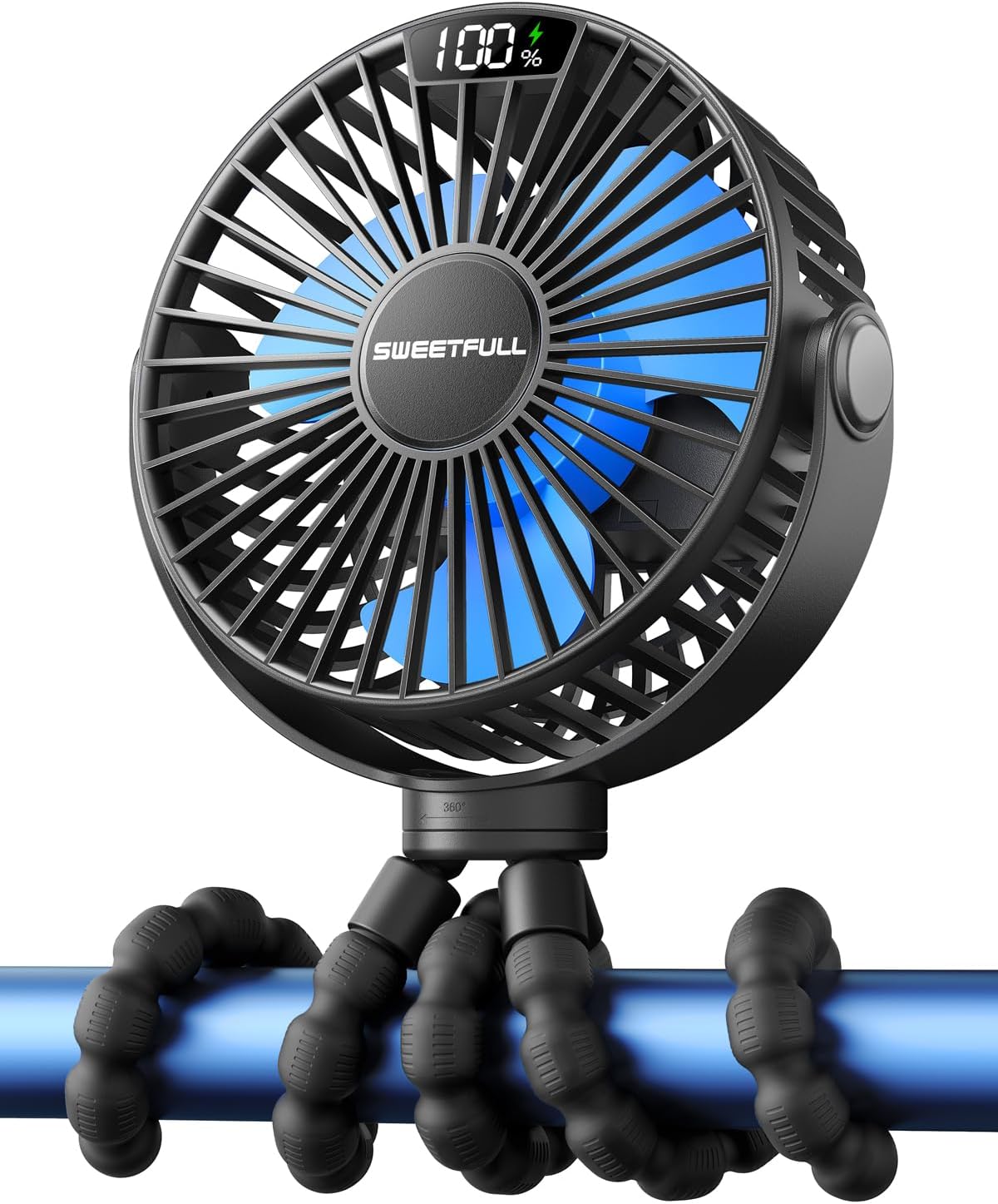 SWEETFULL [2026 Upgrade Portable Stroller Fan with LED Display, 4 Speed Rechargeable Mini Clip On Fan, 360° Rotate Flexible Tripod Better Cooling Small Baby Fan for Car Seat Crib Travel Treadmill