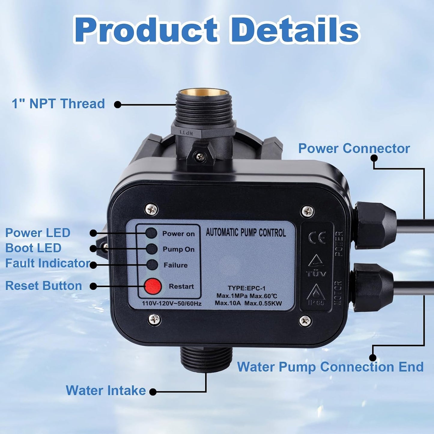 Smart Water Pump Pressure Controller - Automatic Electronic Switch, Adjustable Pressure Range 1.5-2.5bar, Easy Plug-and-Play, 110-120V, Ideal for Various Pump Types