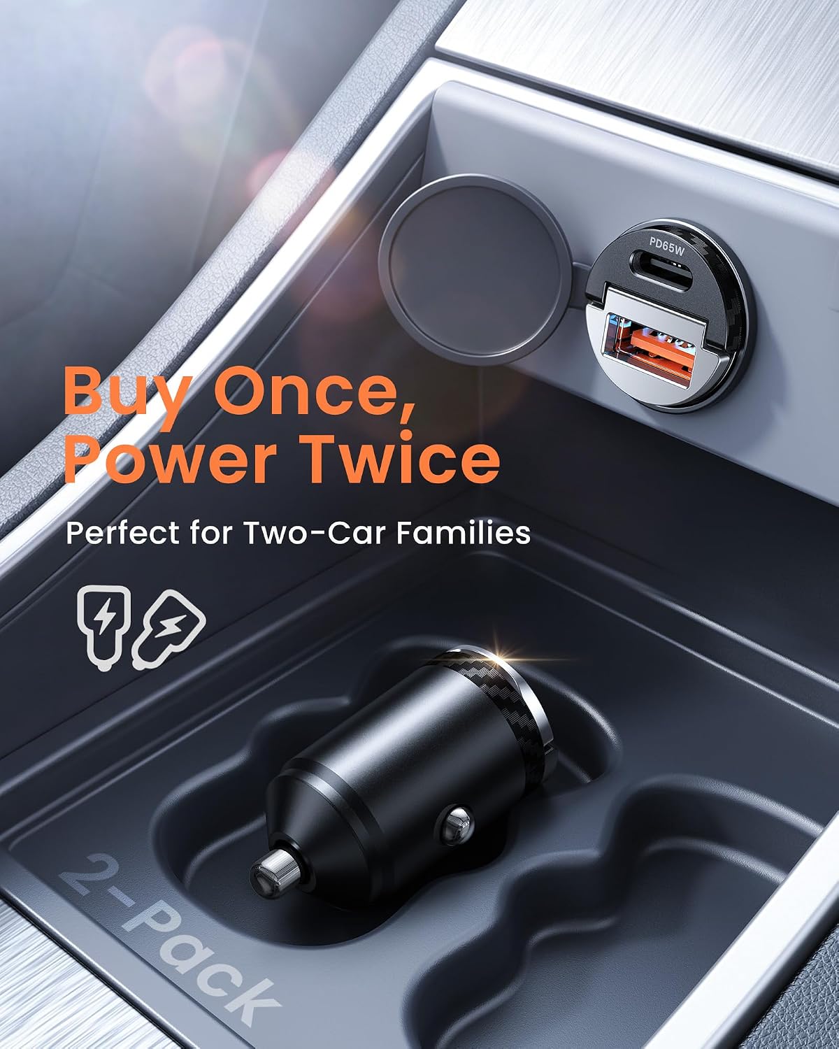 【Upgraded】 2-Pack 125W Fast Car Charger, Mini Flush Fit USB C Car Adapter | Dual Port [65W PD & 60W QC] Cigarette Lighter USB Charger, Pull Ring Car Accessories for iPhone 17 Pro Max, Samsung, MacBook