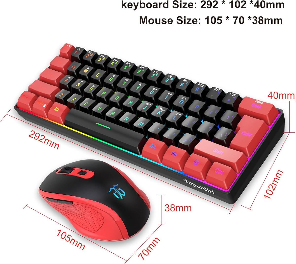 Snpurdiri 2.4G 60% Wireless Gaming Keyboard and Mouse Combo, Red-Black