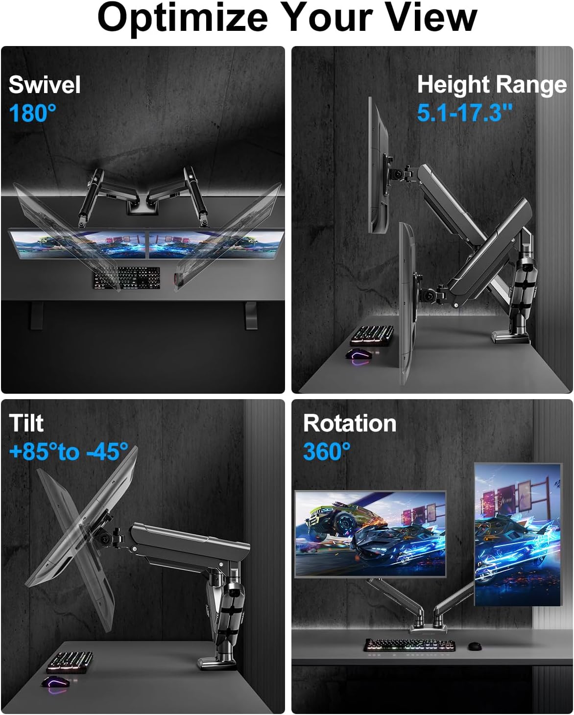 Dual Monitor Arm for 17-32" Computer Screens, Monitor Mounts 22lbs per Arm | Full Motion Monitor Desk Mounts for 2 Monitors, Gas Spring Desk Mount, VESA Mount, Freelift Pro