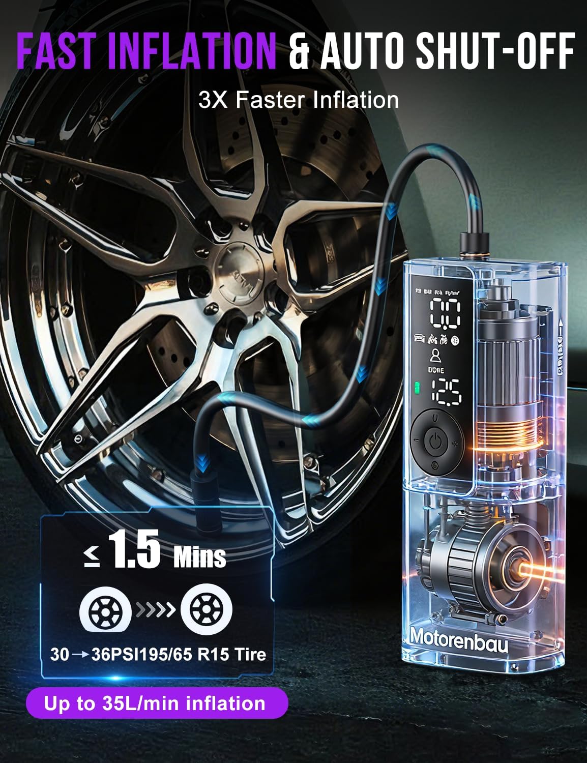 Tire Inflator Portable Air Compressor, 3X Faster Inflation | for Car Tires, Bikes, Motorcycles, Balls, Auto Shut-off, Cordless Air Pump with LED & Digital Pressure Gauge
