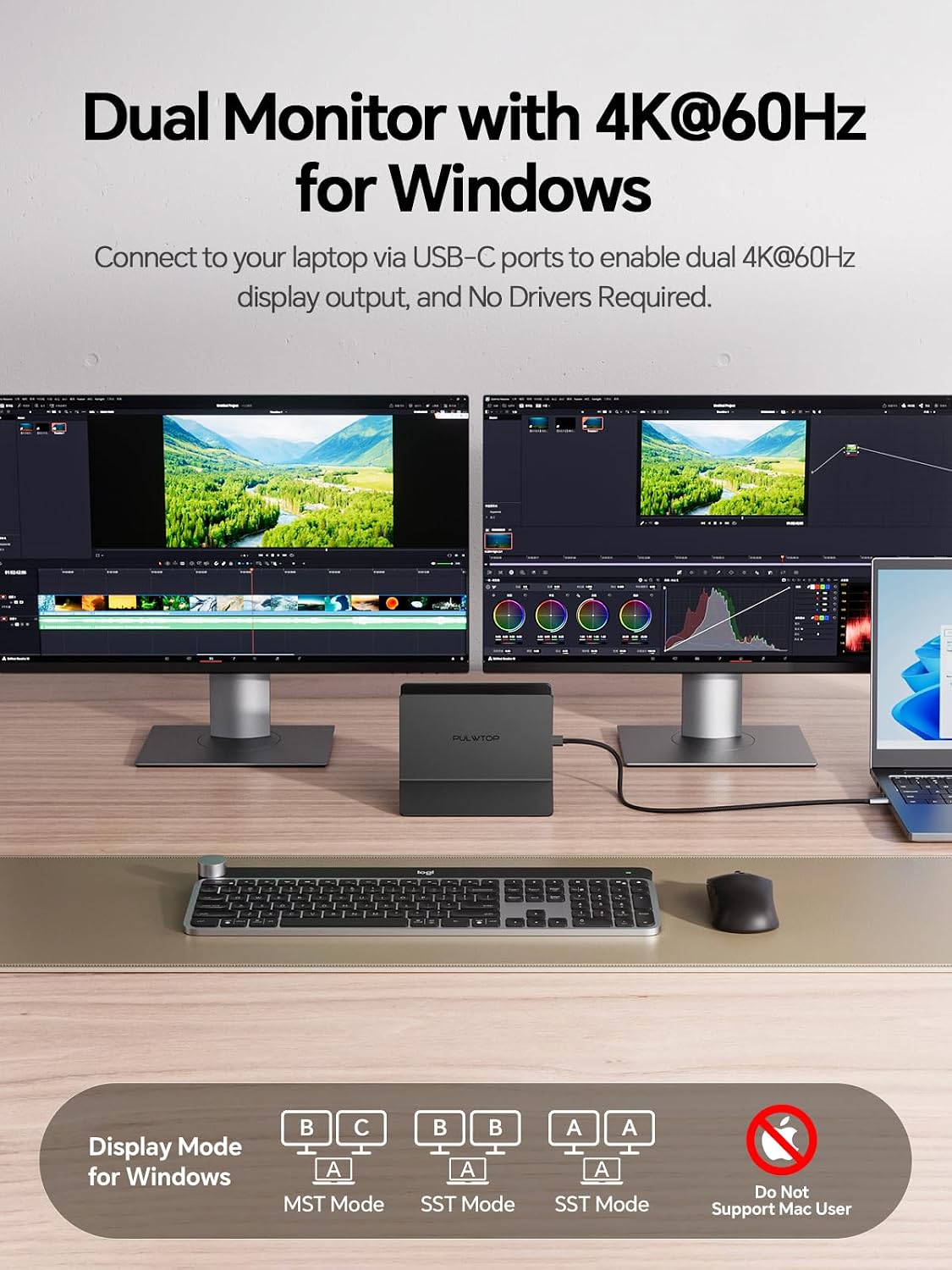 USB C Docking Station Dual Monitor 4K@60Hz, Laptop Dock with Vertical Stand