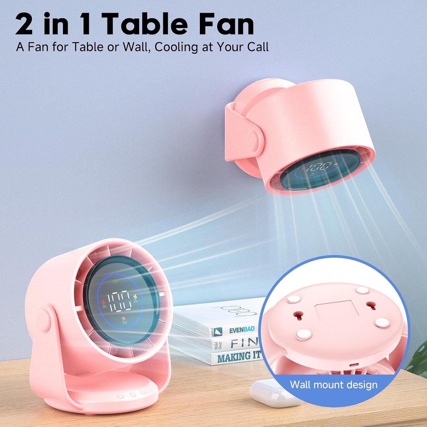 YOSHENMO Desk Fan, Turbo Table Fan for Bedroom, 100-Speed Digital Display, Low Noise, 105° Adjustable Tilt, 7.5-inch, Rechargeable Battery, Wall-Mouted Design for Home, Office, Travel Pink