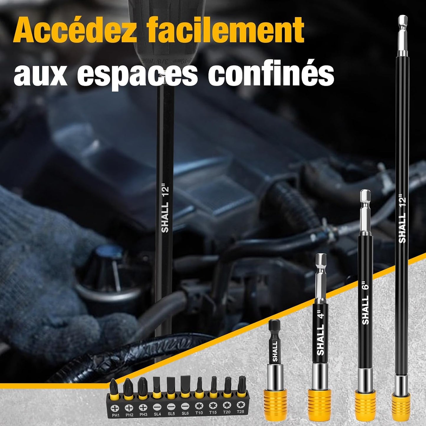 SHALL Drill Bit Extension Set, 4Pcs Magnetic Drill Screwdriver Bit Holder Extender with Aluminum Sleeve, 10Pcs S2 Steel Screwdriver Bits, 1/4 Inch Hex Shank, Quick Release