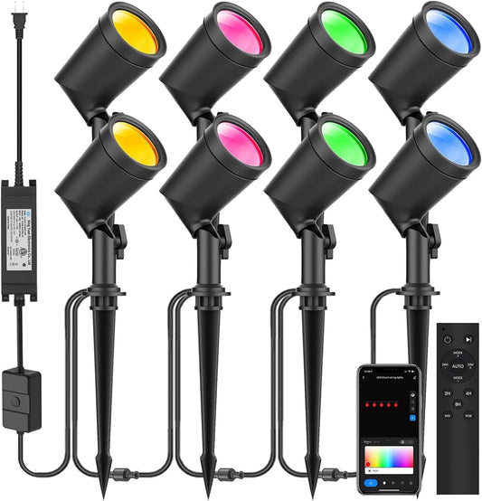 ZYAN APP Control Die-Cast Aluminum RGB Landscape Spotlights with Remote Control, Color Changing Music Sync Timer Alexa Compatible, Outdoor IP65 Waterproof for Patio Garden Yard Pathway, 8 Pack
