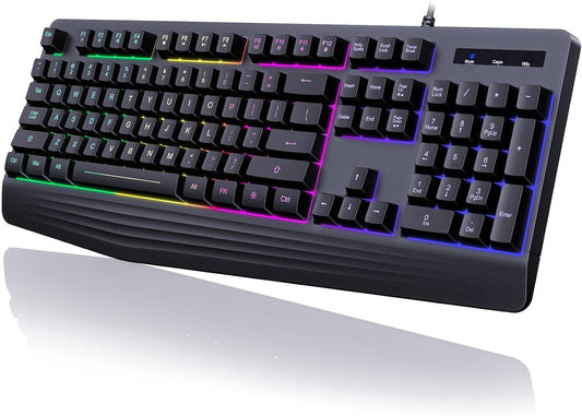 yesbeaut Gaming Keyboard, 7-Color Rainbow LED Backlit, 104 Keys Quiet Light Up Keyboard, Wrist Rest, Whisper Silent, Anti-ghosting Multimedia Keys, Waterproof USB Wired Keyboard for PC Mac Xbox