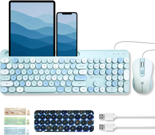 X9 Wired Keyboard and Mouse Combo with Backlight - Retro Typewriter Round Keycaps, Phone/Tablet Dock, 109 Fullsize Keys, Cute Colorful Blue Keyboard, Pastel Keyboard for Laptop, PC and Chromebook