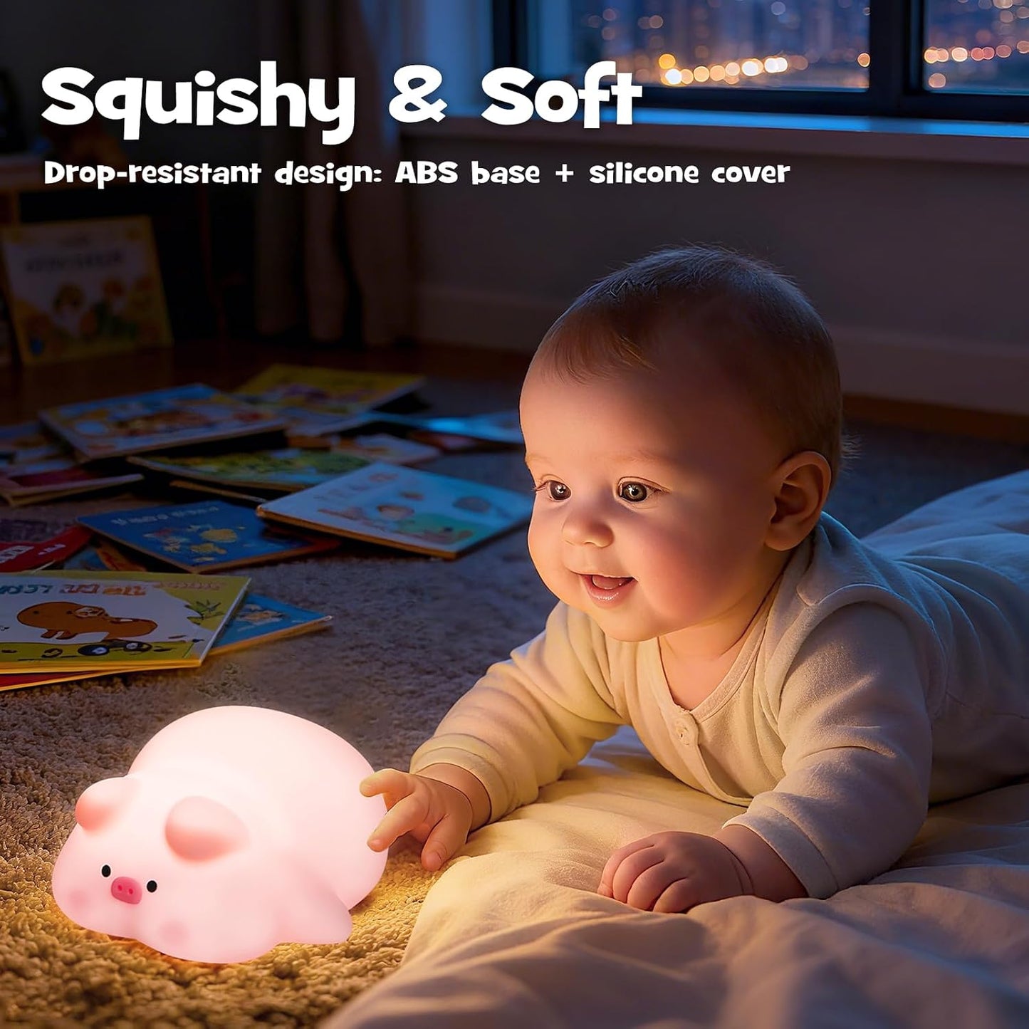 Squishy Pig Night Light 3 Brightness Adjustable Cute Lying Flat Piggy Light with Timer Nursery Breastfeeding Nightlight Rechargeable Silicone Touch Bedside Animal Lamp for Home Bedroom Dorm Decor