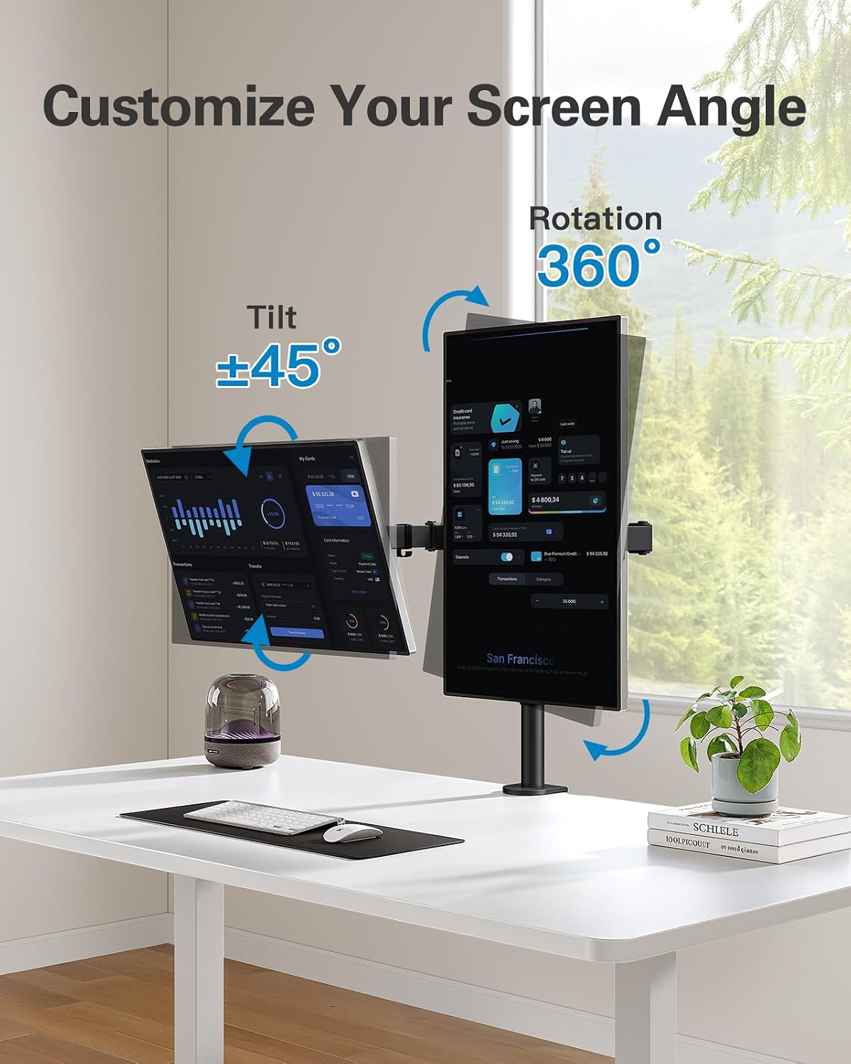 HUANUO Dual Monitor Mount for 13-32 Inch Screens, 17.6 lbs per Arm | Dual screen setup, tilt, swivel, rotation, 16.3 inch pole, cable clips, C-clamp or grommet, VESA 75x75/100x100mm